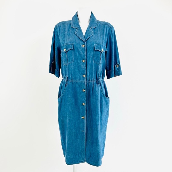 Vintage 80s 90s denim shirt dress UK 12 button up Knee length chambray cotton - Picture 3 of 7